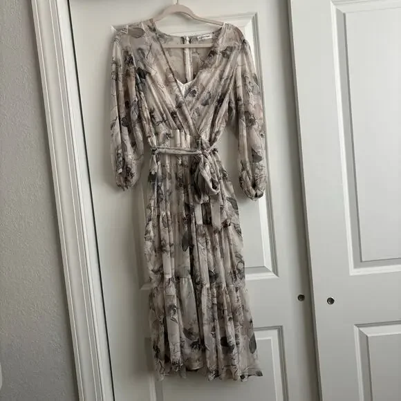 Calvin Klein Floral Chiffon Maxi Dress Sz 8 Faux Wrap Long Sleeve Tiered V-Neck - Picture 2 of 16